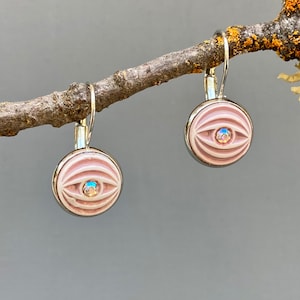 Vintage Pink Celluloid Button Earrings with Aurora Borealis Crystals on Silver Lever-back Ear Wires PRE890