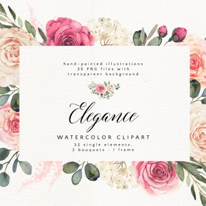 Elegant watercolor clipart with roses and eucalyptus greenery, Single elements, bouquets and a frame, Wedding clipart, ELN image 1