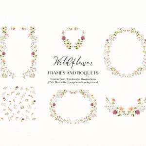 Clipart boho z dzikimi kwiatami. Ozdobne ramki kwiatowe. Wzór herbu i monogramu. Kwiaty malowane ręcznie.