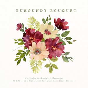 Bouquet de fleurs de Bourgogne clipart romantique. Décoration de mariage. Fleurs peintes à la main.