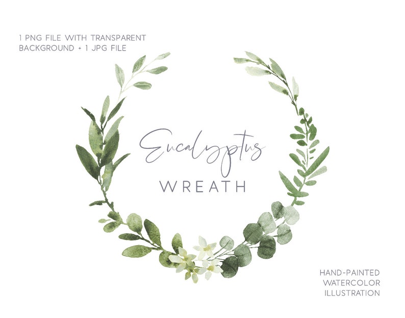 Eucalyptus wreath clipart, Watercolor Wedding greenery wreath. image 1