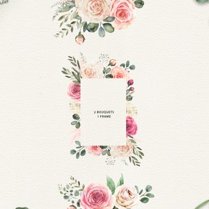 Elegant watercolor clipart with roses and eucalyptus greenery, Single elements, bouquets and a frame, Wedding clipart, ELN image 3