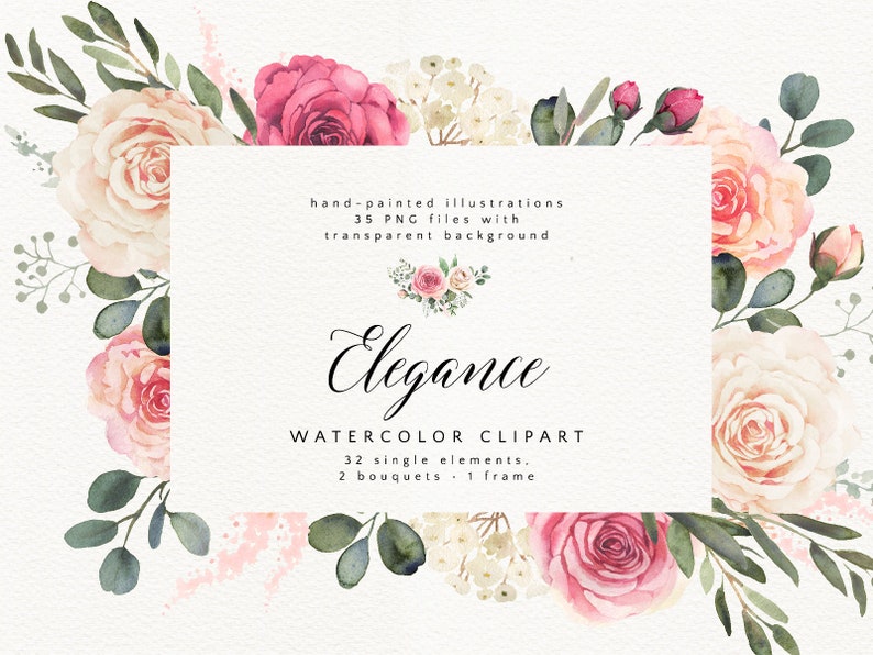 Elegant watercolor clipart with roses and eucalyptus greenery, Single elements, bouquets and a frame, Wedding clipart, ELN image 1