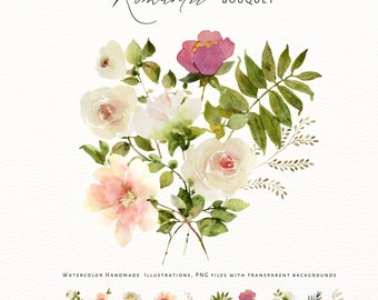 Imágenes prediseñadas románticas de rosas de flores. Ramos de flores. Decoración de boda. Flores pintadas a mano.