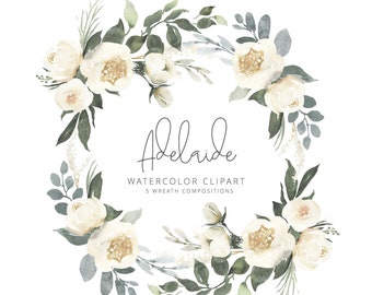 Adelaide watercolor clipart with white roses and eucalyptus greenery, Five flower wreath compositions, Wedding clipart, ADL