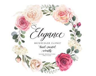 Elegant watercolor clipart with roses and eucalyptus greenery, Flower wreath compositions, Wedding clipart, Wedding roses clipart