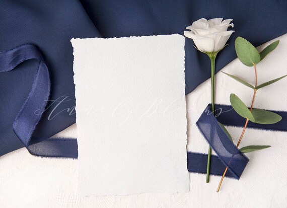 Download Navy Blue Wedding Mockup With Silk Ribbon Rough Paper And Etsy