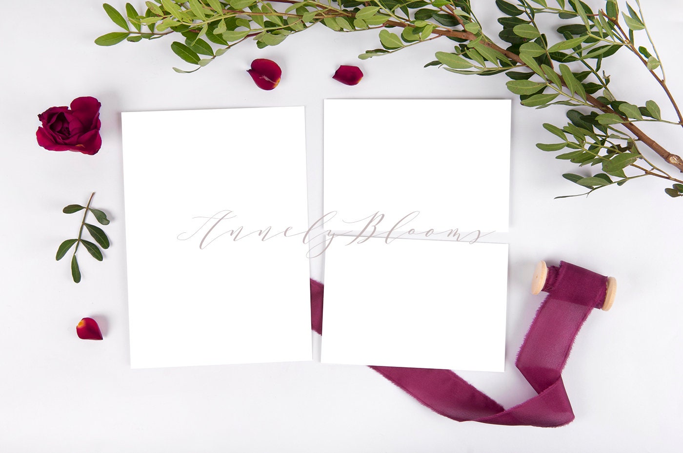 Burgundy wedding mockup with ribbon red rose and foliage
