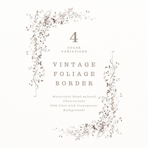 Vintage foliage border clipart. Antique wedding invitation decor. Wedding stationery art.