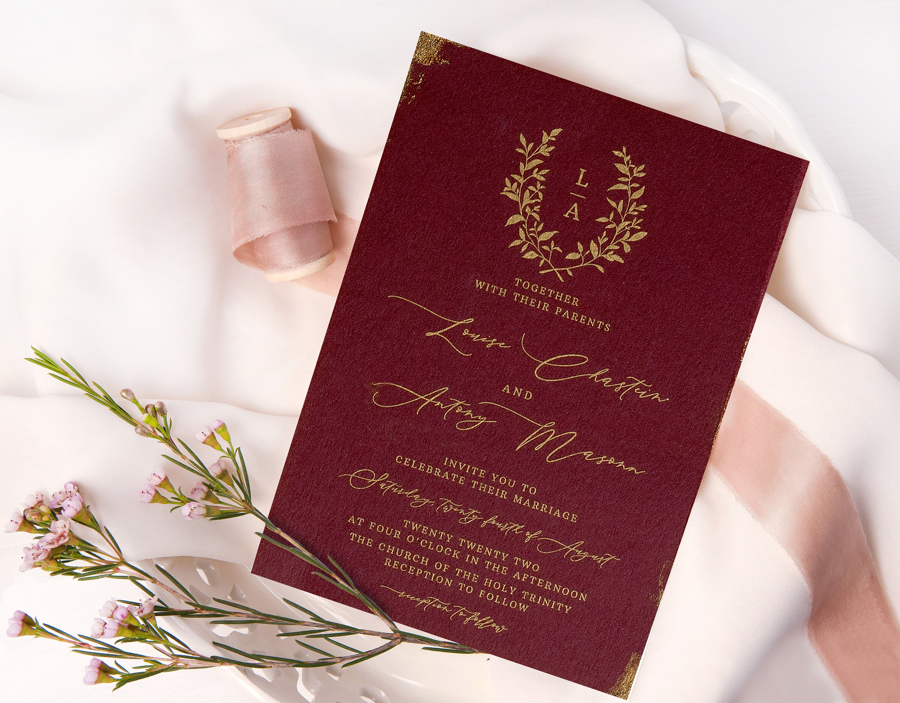 Blush styled wedding mockup with ribbon and greenery