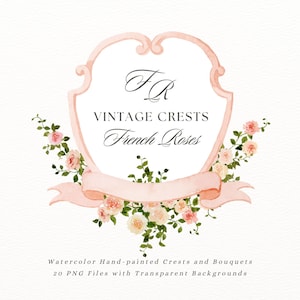 Toppen en monogrammen met rozen clipart. Barok decor voor huwelijksuitnodigingen. Bruiloft briefpapier kunst.