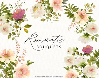 Imágenes prediseñadas románticas de rosas de flores. Ramos de flores. Decoración de boda. Flores pintadas a mano.