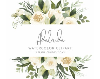 Adelaide watercolor clipart with white roses and eucalyptus greenery, Five flower frame compositions, Wedding clipart, ADL