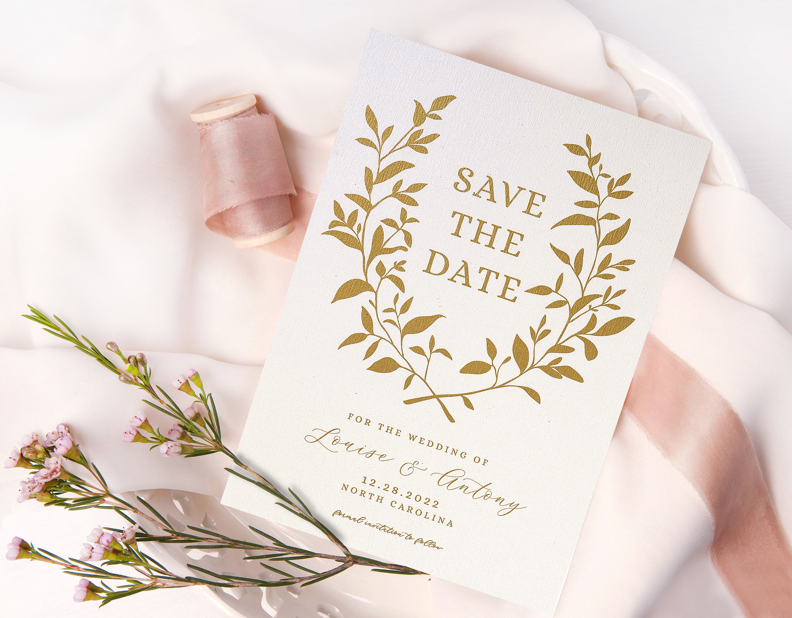 Blush styled wedding mockup with ribbon and greenery