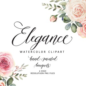 Elegant watercolor clipart with roses and eucalyptus greenery, Flower bouquet compositions, Wedding clipart, ELN