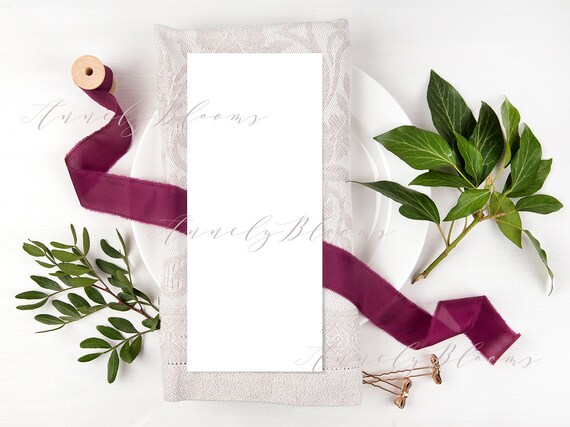 Burgundy Wedding Menu Mockup With Ribbon Green Foliage And Etsy