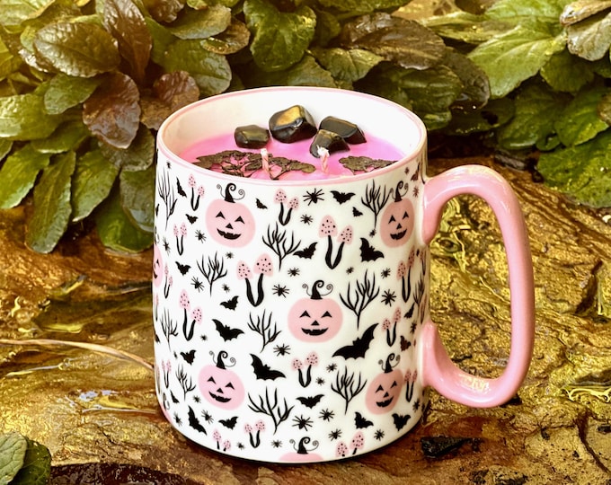 Pink Halloween wicked candle mug
