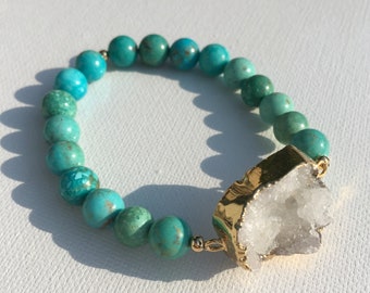 Turquoise and Quartz Druzy bracelet-white sparkly crystal jewelry-one size fits most-beaded style bohemian flair-summer fashion