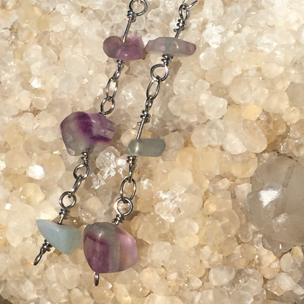 Crystal threader earrings-Fluorite jewelry-soft color fashion accessories-natural stone earrings-trendy jewelry-healing crystals-gemstones