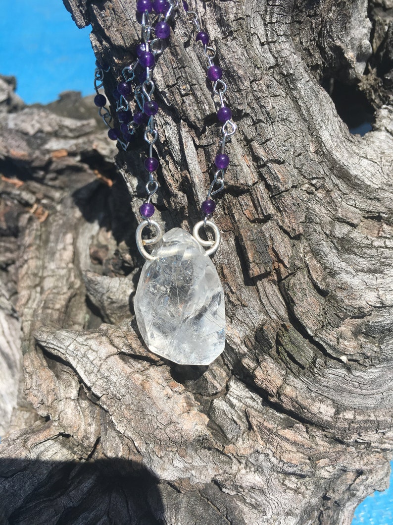 Silver rutilated quartz necklace-healing crystal jewelry-amethyst and quartz-bohemian pendant-witchy amulet-light worker-meditation