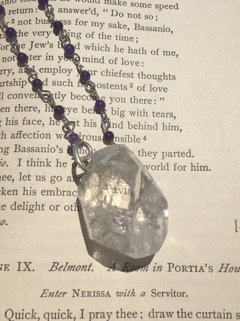 Silver rutilated quartz necklace-healing crystal jewelry-amethyst and quartz-bohemian pendant-witchy amulet-light worker-meditation