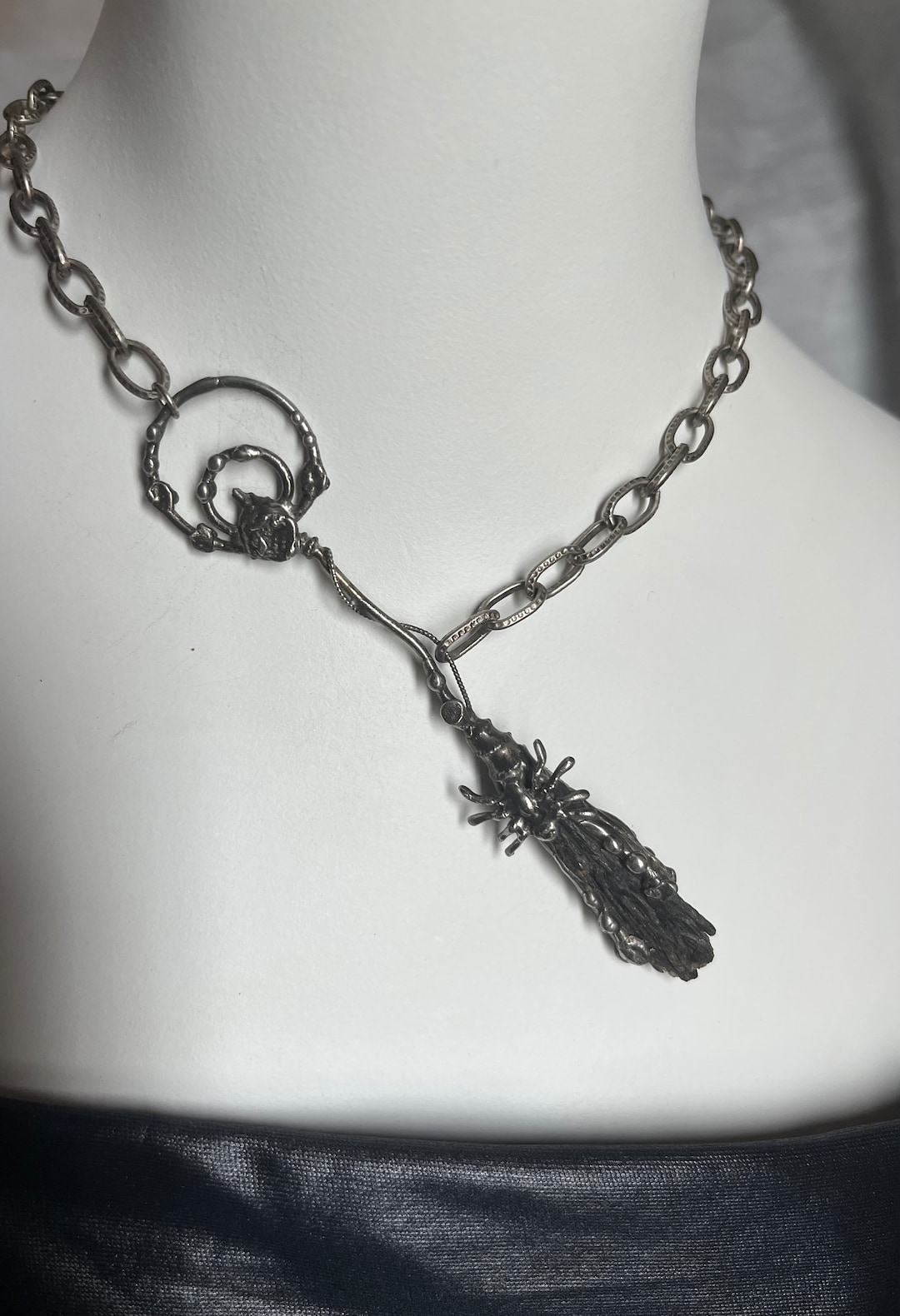 Besom Necklace, Witch Broom Jewelry, Natural Black Kyanite Broom, Raw Crystal, Witchy Jewelry