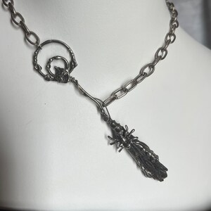 Besom necklace, witch broom jewelry, natural black kyanite broom, raw crystal, witchy jewelry, magical, unique