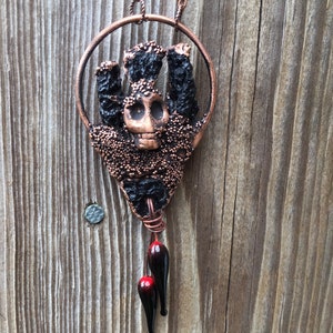 Mysterious Tektite and copper necklace-Skull jewelry-electroformed pendant; Spooky protection amulet; Witchy amulet; metaphysical healing