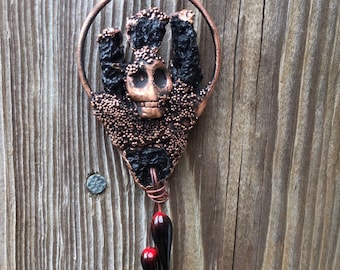 Mysterious Tektite and copper necklace-Skull jewelry-electroformed pendant; Spooky protection amulet; Witchy amulet; metaphysical healing