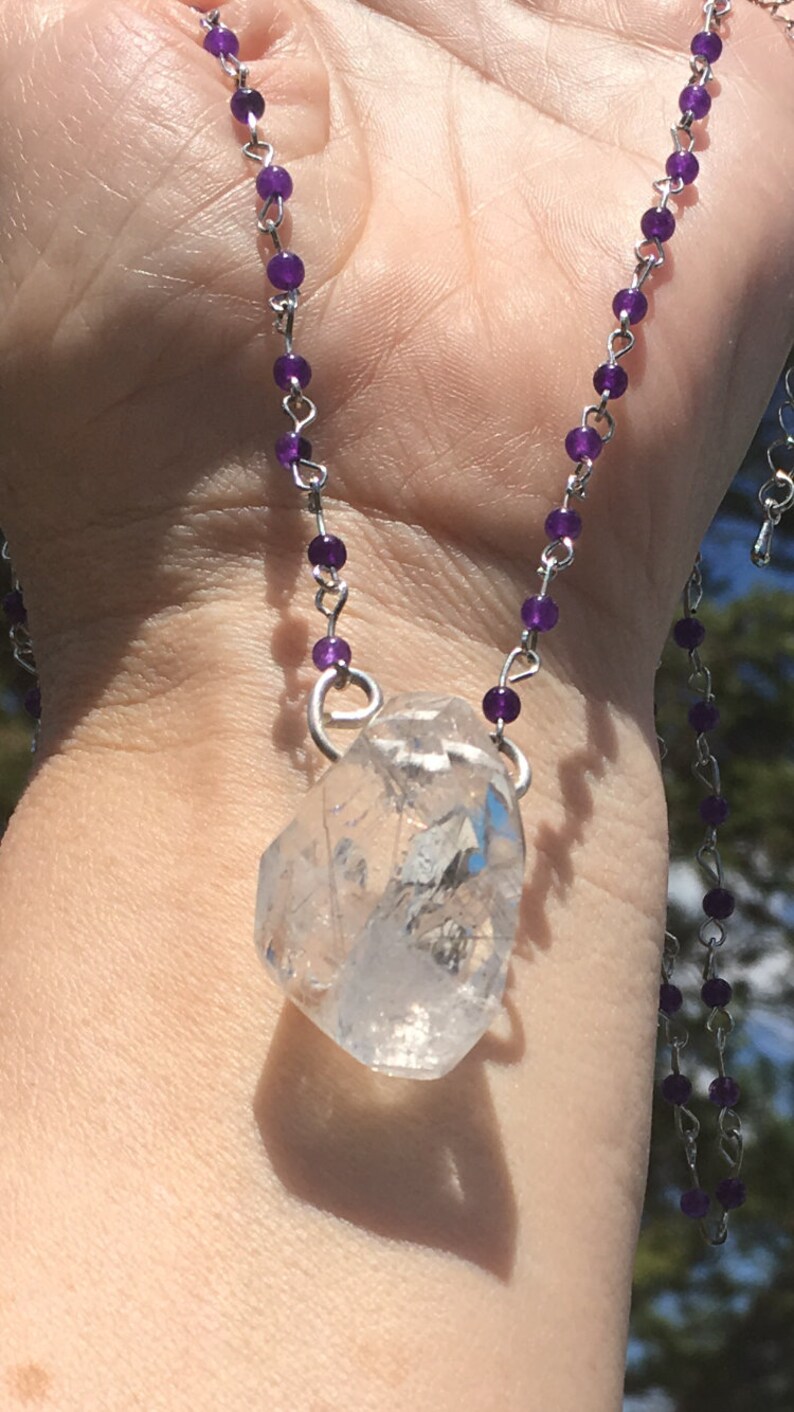 Silver rutilated quartz necklace-healing crystal jewelry-amethyst and quartz-bohemian pendant-witchy amulet-light worker-meditation