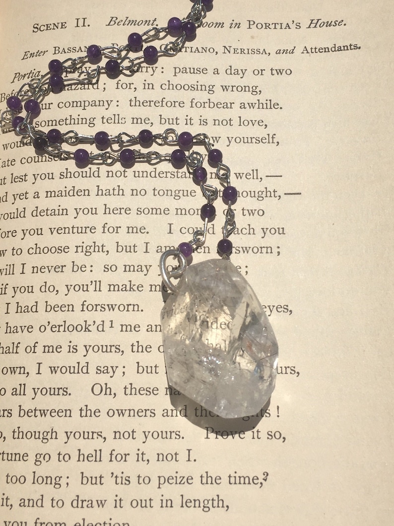 Silver rutilated quartz necklace-healing crystal jewelry-amethyst and quartz-bohemian pendant-witchy amulet-light worker-meditation
