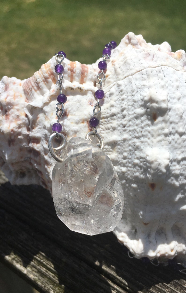 Silver rutilated quartz necklace-healing crystal jewelry-amethyst and quartz-bohemian pendant-witchy amulet-light worker-meditation