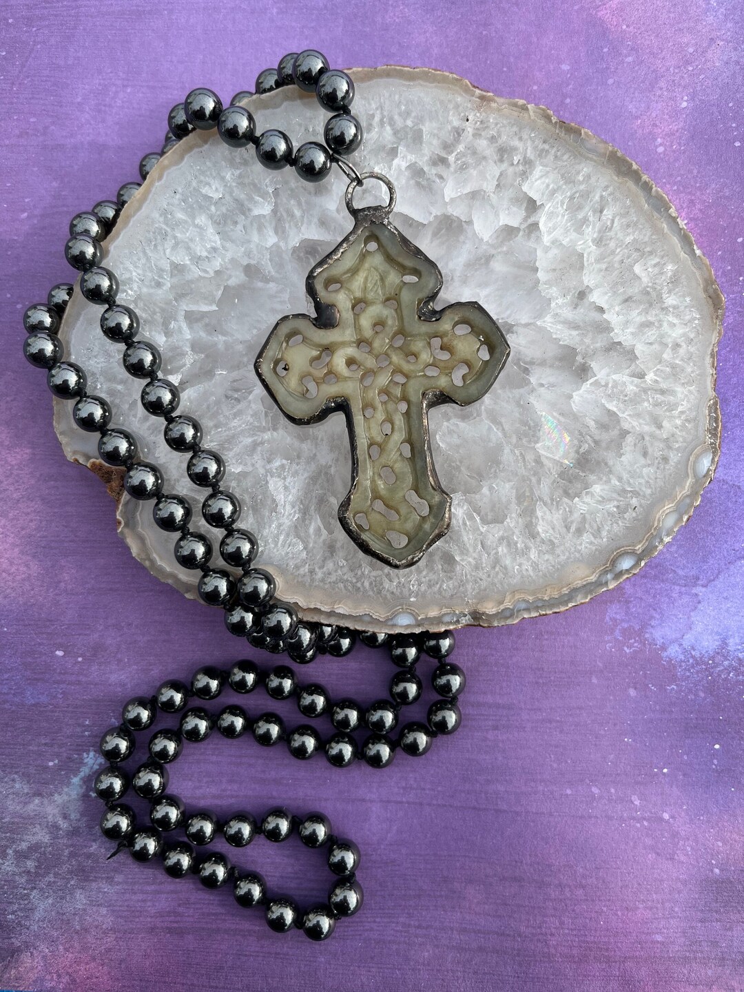 Lee Brevard 18K & Beaded Hematite Tiny Signature Cross with Stone Charm Pendant Necklace on