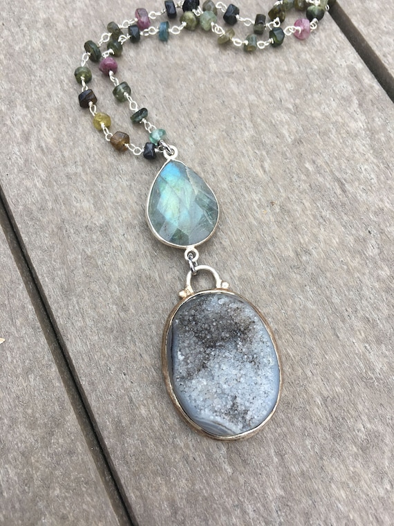 Crystal Druzy Labradorite Tourmaline natural stone Bohemian necklace Wiccan jewelry Healing gift Tourmaline chain gemstone sparkle trending
