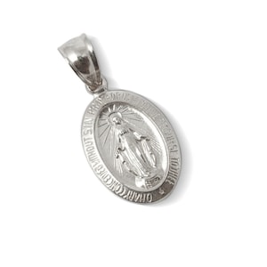 Solid 10K White Gold Miraculous Medal Virgin Mary Pendant, 9/16&quot;, Catholic