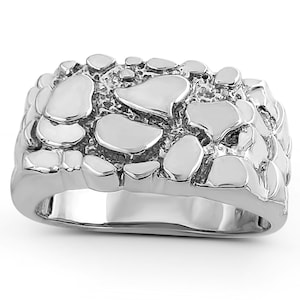 Solid 14K White Gold Classic 11mm Mens Nugget Ring, Size 5 - 15