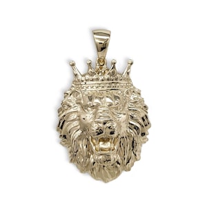 Real 14K Yellow Gold XXL Lion Pendant with Crown Charm, 20.7 grams, 2.1 inch