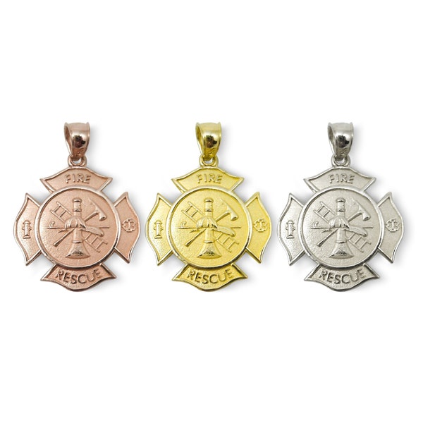 Solid 10K Yellow White or Rose Gold Firefighter Fire Rescue Pendant