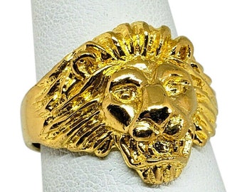 Men's 10k Yellow Gold Lion Head Ring - Textured & Diamond-Cut Band, Size 6.75, Handmade In USA