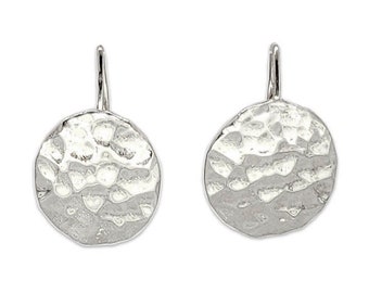 Solid 18K White Gold Drop Dangle Hammered Circle Disc Earrings 14MM