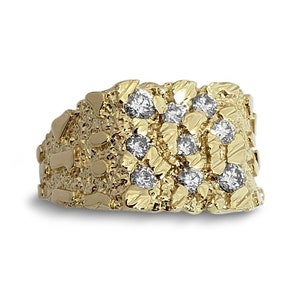 Real 10K Yellow Gold 0.62 Carat Diamond Mens Nugget Ring (Natural or Lab), Size 5 – 15