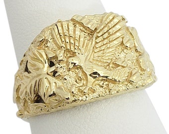 Solid 10K Yellow Gold Large Eagle Leaf Mens Nugget Ring, Size 5 - 15