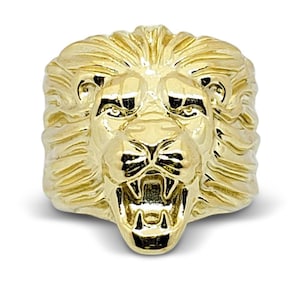 Solid 14K Yellow Gold Men&#39;s Roaring Lion Ring, Large XXL Heavy Gold Lion Ring, Bold Lion Head Ring, Luxury Men&#39;s Gold Jewelry