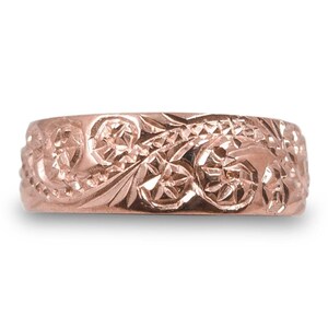 Solid 18K Rose Gold Hawaiian Scroll Ring, Gold Hawaiian Jewelry 6mm Wide Band, Unique Gold Band, Engraved Hawaiian Ring