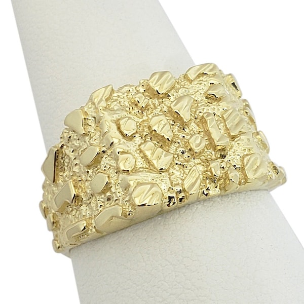 Solid 14K Yellow Gold Large Diamond Cut Mens Nugget Ring, Size 5 - 15