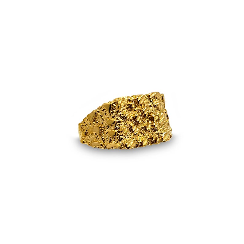 May include: A gold nugget ring with a textured surface.