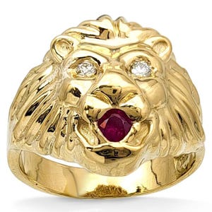 Real 10K Yellow Gold Mens Lion Ring Diamond Eyes Ruby Mouth Size 5 – 15