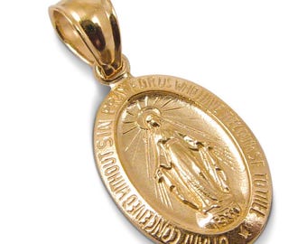 Solid 18K Yellow Gold Miraculous Medal Virgin Mary Pendant, 9/16", Catholic