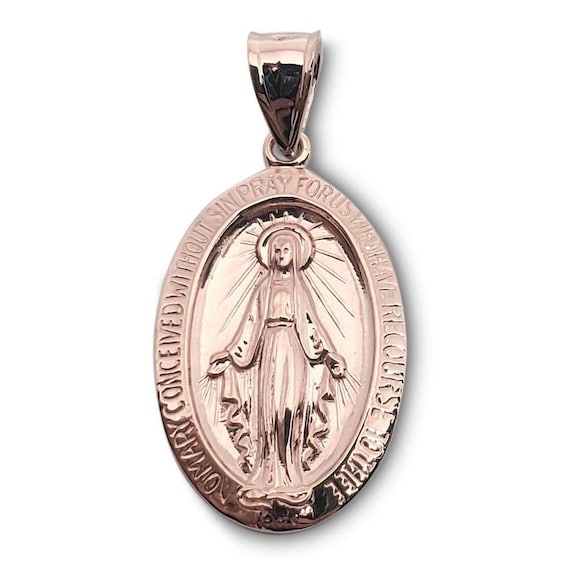 14k Two-Tone Rose & White Gold Santa Maria Miraculous Medal Charm - Catholic Religious Pendant