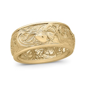 Solid 10K Yellow Gold Carp and Waves Ring 9mm Wide Band Koi Fish Japanese Ornament Ring